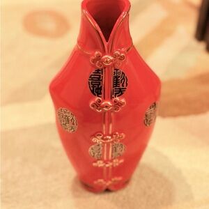 Red Asian-Inspired Ceramic Vase – Mandarin Collar Design, Eclectic MCM~11.5”